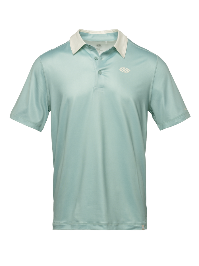 Front view of Essentials 2.0 Men’s Sport-Wik Short Sleeve Polo in light blue with a white collar and Selkirk chest logo on a transparent background