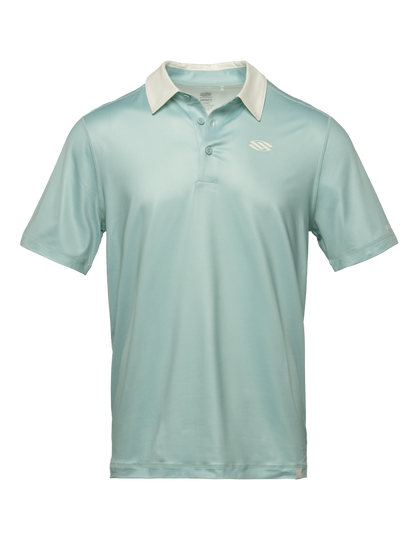 Front view of Essentials 2.0 Men’s Sport-Wik Short Sleeve Polo in light blue with a white collar and Selkirk chest logo on a transparent background