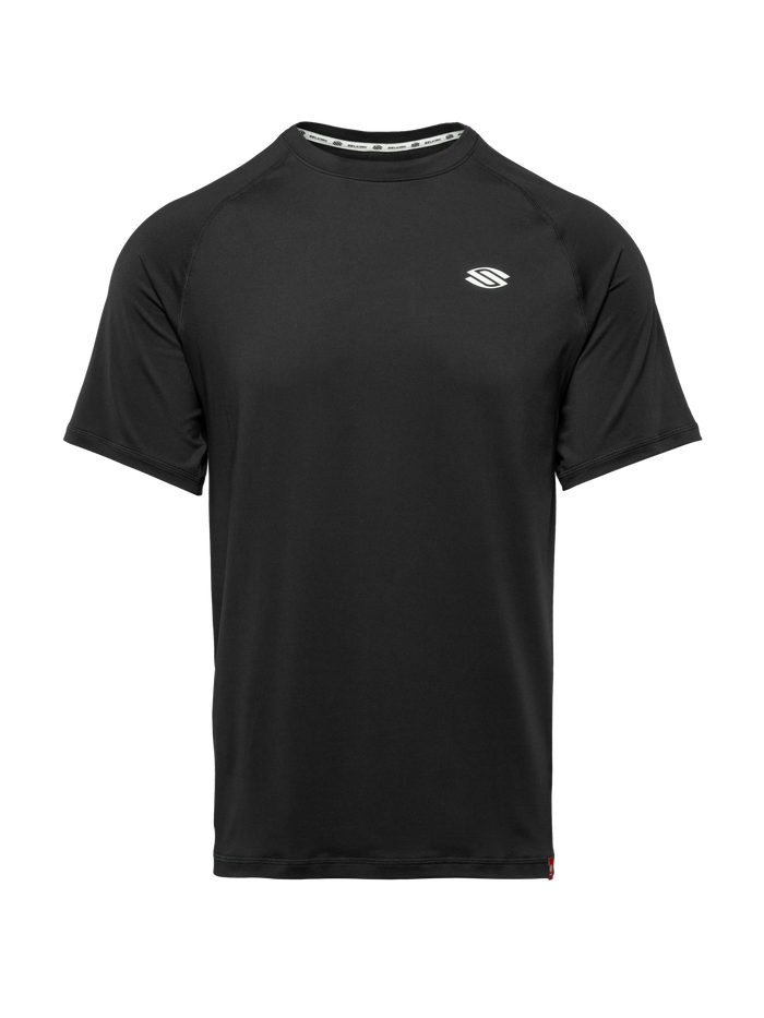 Front view of Essentials 2.0 Men’s Sport-Wik Short Sleeve Tee showcasing black fabric and white Selkirk logo