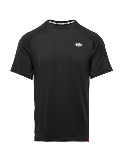 Front view of Essentials 2.0 Men’s Sport-Wik Short Sleeve Tee showcasing black fabric and white Selkirk logo