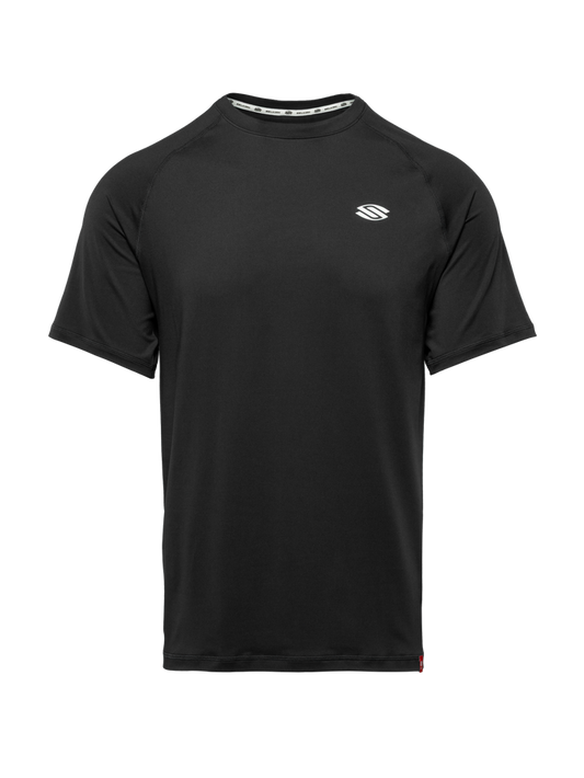 Front view of Essentials 2.0 Men’s Sport-Wik Short Sleeve Tee showcasing black fabric and white Selkirk logo