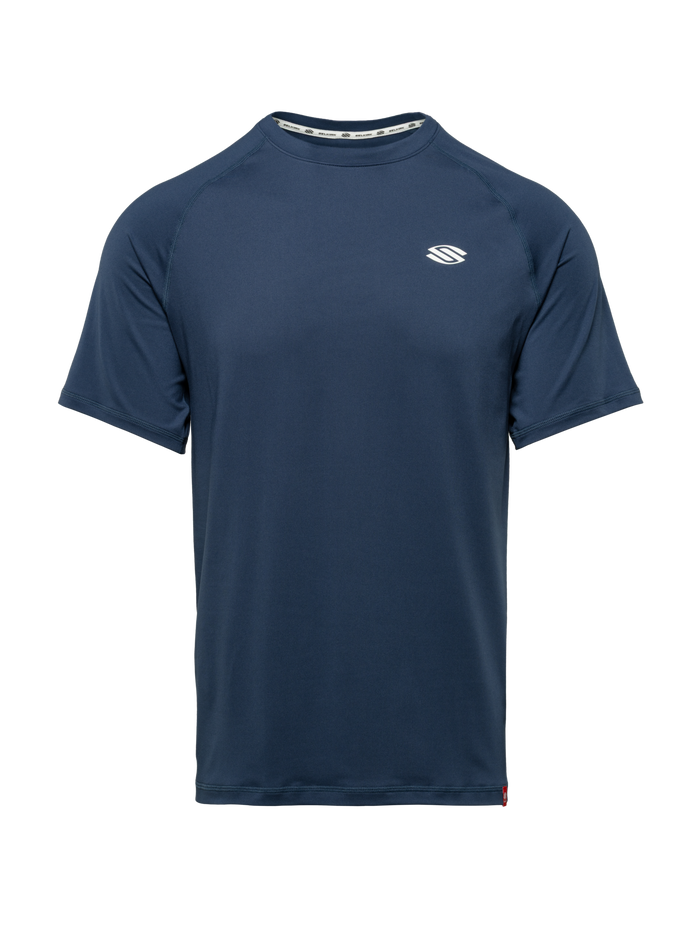 Front view of Essentials 2.0 Men’s Sport-Wik Short Sleeve Tee showcasing navy fabric and white chest logo with a plain background