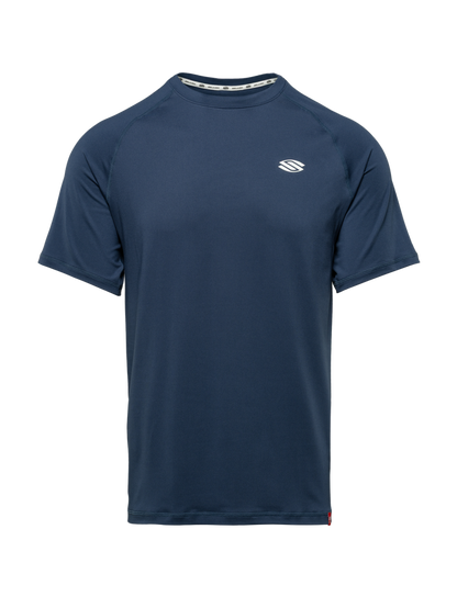 Front view of Essentials 2.0 Men’s Sport-Wik Short Sleeve Tee showcasing navy fabric and white chest logo with a plain background