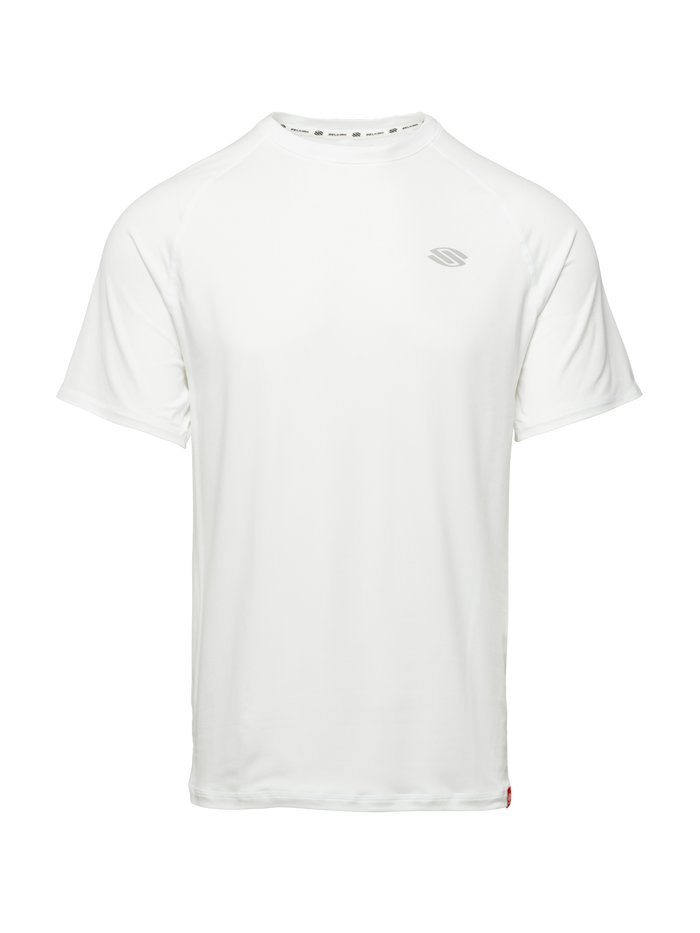 Front view of Essentials 2.0 Men’s Sport-Wik Short Sleeve Tee showcasing white fabric, short sleeves, and chest logo on a plain background