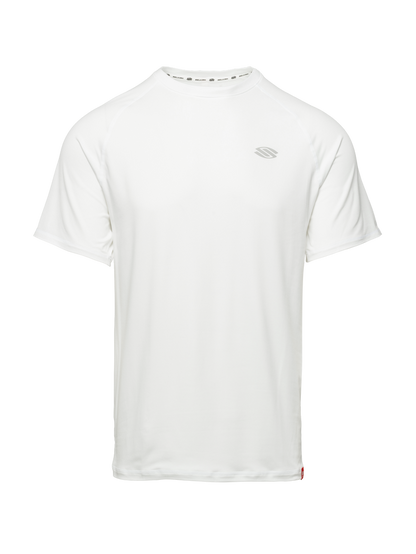 Front view of Essentials 2.0 Men’s Sport-Wik Short Sleeve Tee showcasing white fabric, short sleeves, and chest logo on a plain background