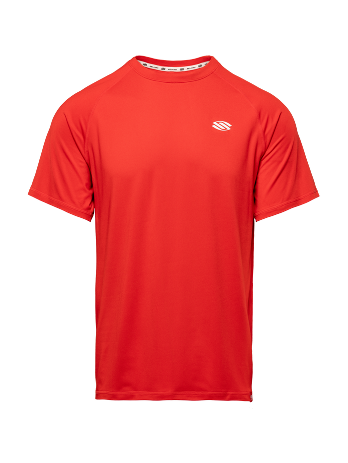 Front view of red Essentials 2.0 Men’s Sport-Wik short sleeve tee showcasing a white Selkirk logo against a plain background