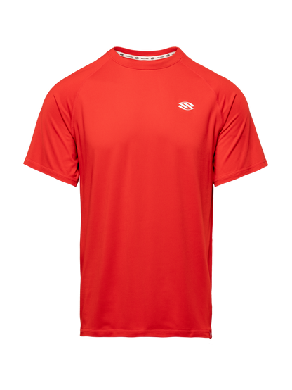 Front view of red Essentials 2.0 Men’s Sport-Wik short sleeve tee showcasing a white Selkirk logo against a plain background