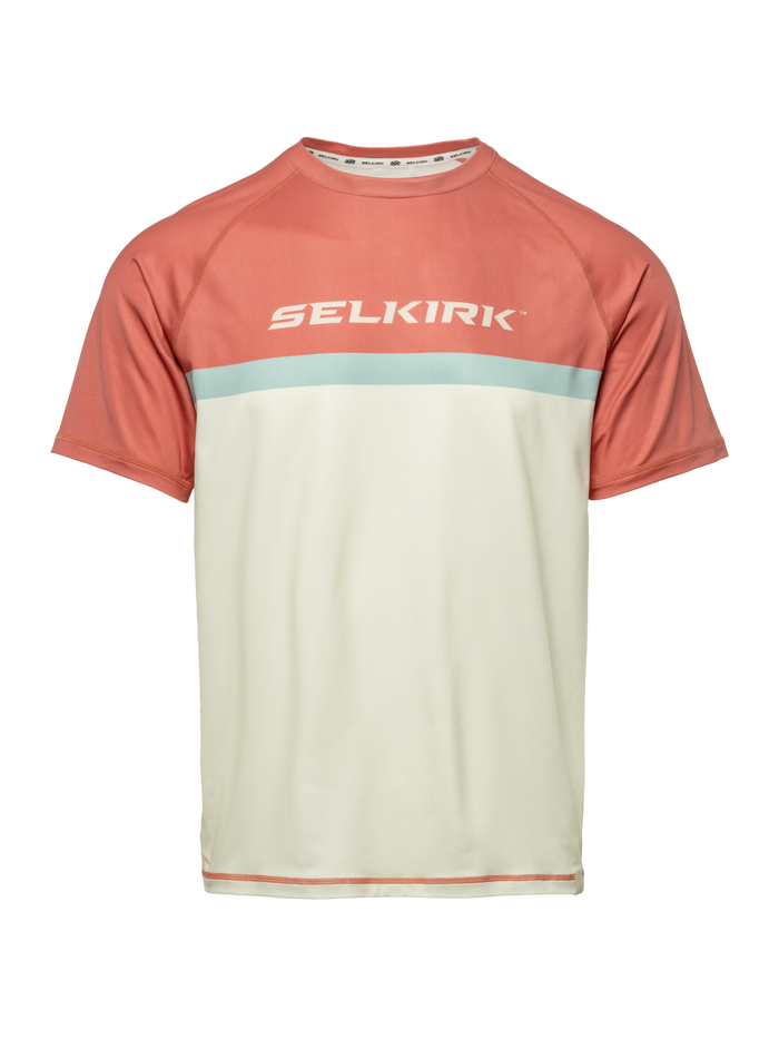 Front view of Essentials 2.0 Men’s Sport-Wik Short Sleeve Tee showcasing rust sleeves, cream body, and pale blue stripe