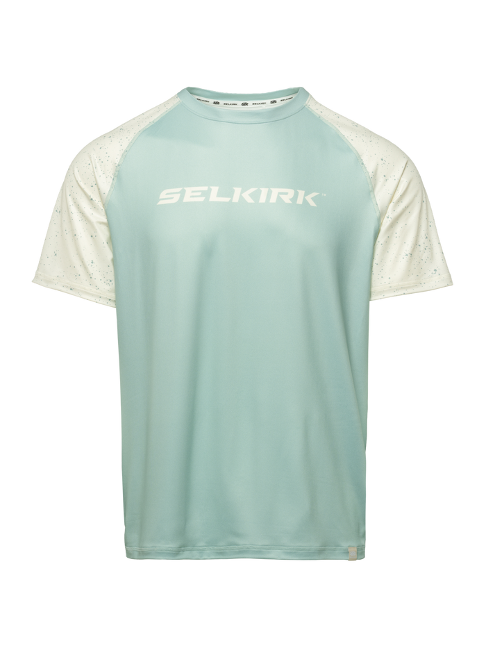 Front view of Essentials 2.0 Men’s Sport-Wik Short Sleeve Tee with light blue body, cream speckled sleeves, and Selkirk logo