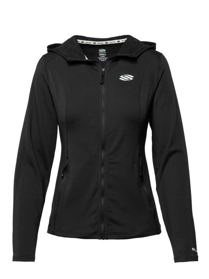Front view of Essentials 2.0 Women’s Dual Soft Full Zip Jacket showcasing black hooded design, full zip, and zippered pockets