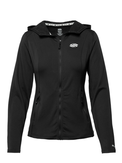 Front view of Essentials 2.0 Women’s Dual Soft Full Zip Jacket showcasing black hooded design, full zip, and zippered pockets