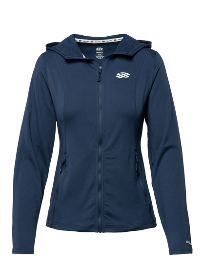 Front view of Essentials 2.0 Women’s Dual Soft Full Zip Jacket with navy hood, full zip, and zippered pockets