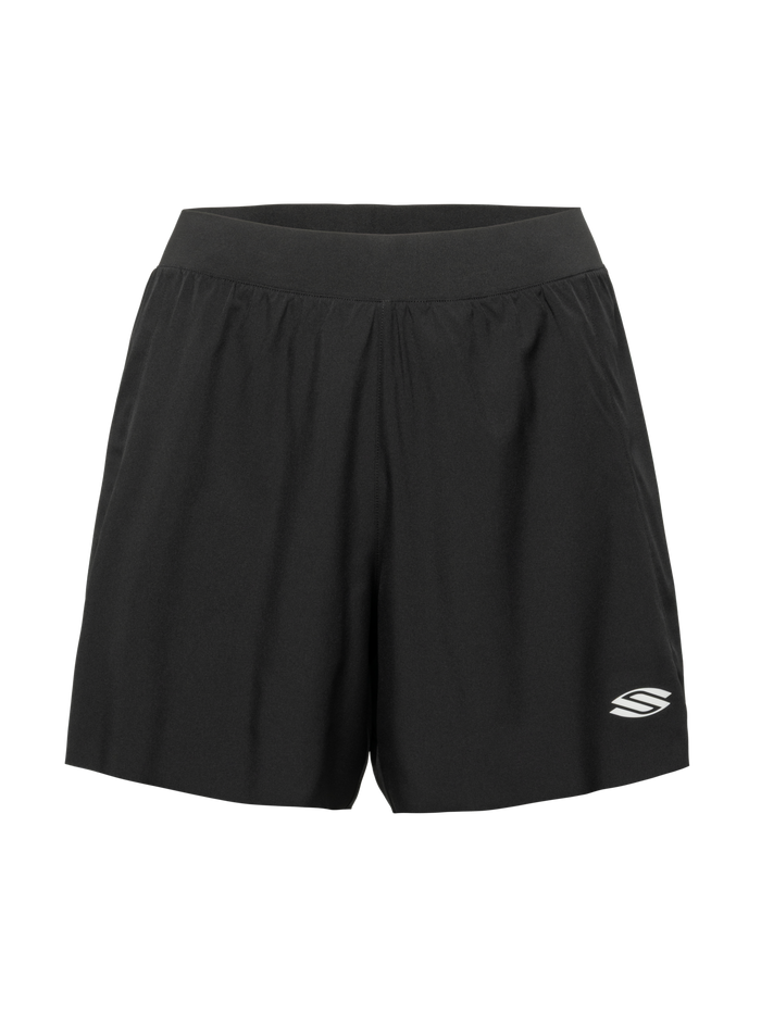 Front view of black Essentials 2.0 Women’s Performance 5 inch inseam shorts showcasing wide waistband and Selkirk logo