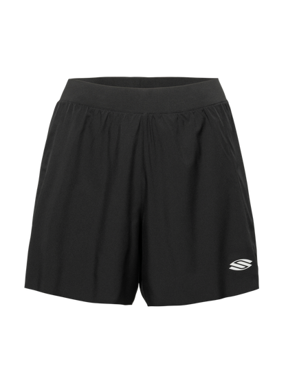 Front view of black Essentials 2.0 Women’s Performance 5 inch inseam shorts showcasing wide waistband and Selkirk logo