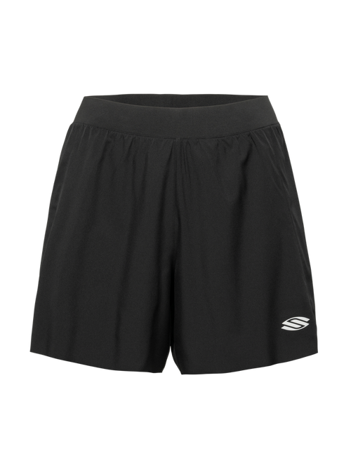 Front view of black Essentials 2.0 Women’s Performance 5 inch inseam shorts showcasing wide waistband and Selkirk logo