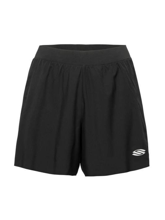 Front view of black Essentials 2.0 Women’s Performance 5 inch inseam shorts showcasing wide waistband and Selkirk logo