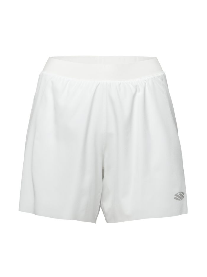 Front view of white Essentials 2.0 women’s 5 inch inseam shorts with elastic waistband and Selkirk logo on an isolated background