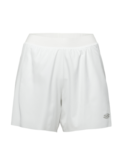 Front view of white Essentials 2.0 women’s 5 inch inseam shorts with elastic waistband and Selkirk logo on an isolated background