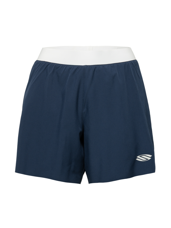 Front view of navy Essentials 2.0 women’s performance 5-inch shorts with white waistband and Selkirk logo