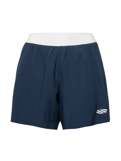 Front view of navy Essentials 2.0 women’s performance 5-inch shorts with white waistband and Selkirk logo