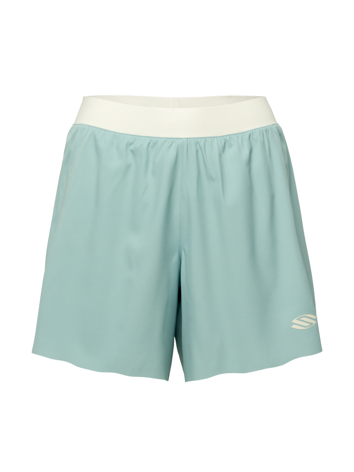Front view of Essentials 2.0 women’s 5 inch inseam shorts in light blue with white waistband and Selkirk logo