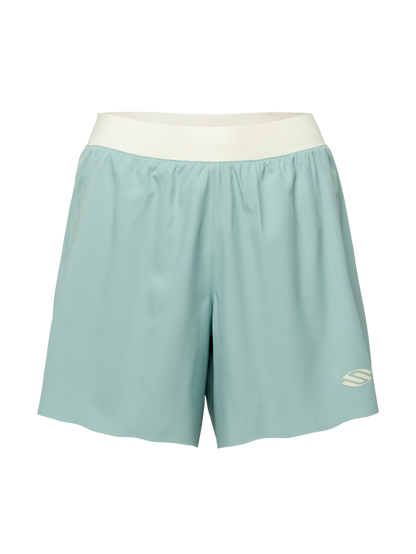 Front view of Essentials 2.0 women’s 5 inch inseam shorts in light blue with white waistband and Selkirk logo