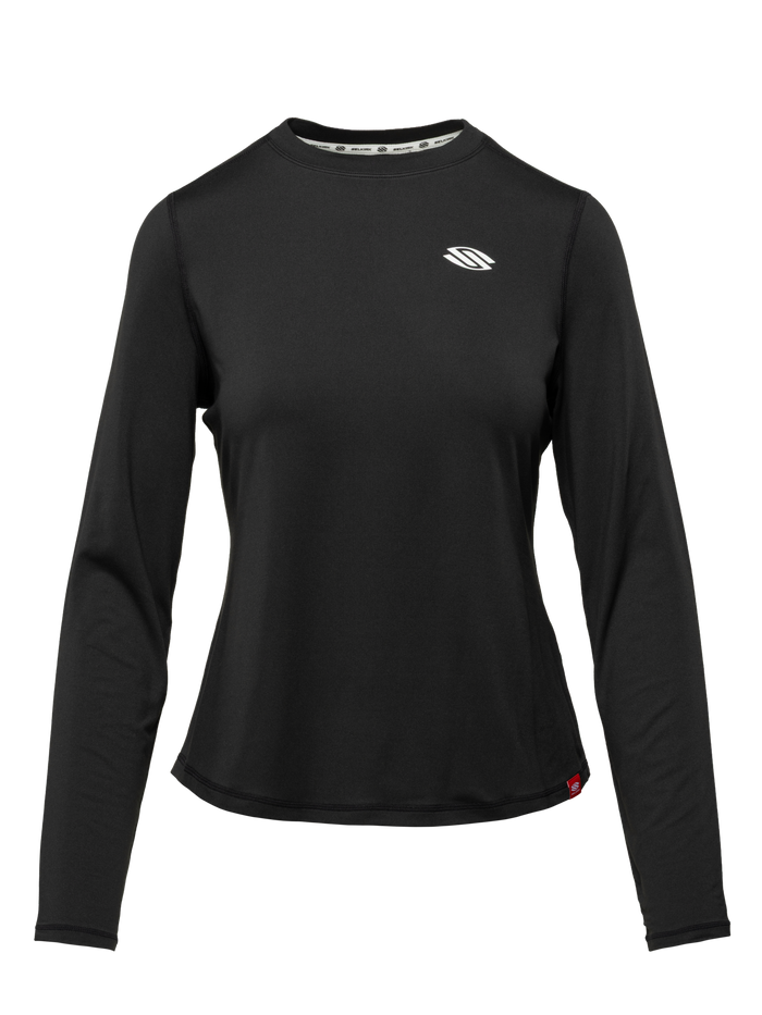 Front view of Essentials 2.0 Women’s Sport-Wik Long Sleeve Tee showcasing black long sleeves and chest logo on a plain background