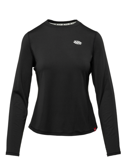 Front view of Essentials 2.0 Women’s Sport-Wik Long Sleeve Tee showcasing black long sleeves and chest logo on a plain background