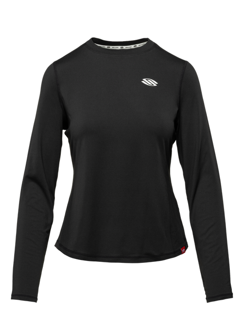 Front view of Essentials 2.0 Women’s Sport-Wik Long Sleeve Tee showcasing black long sleeves and chest logo on a plain background