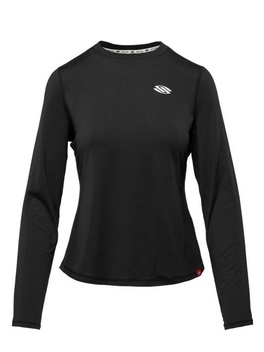 Front view of Essentials 2.0 Women’s Sport-Wik Long Sleeve Tee showcasing black long sleeves and chest logo on a plain background