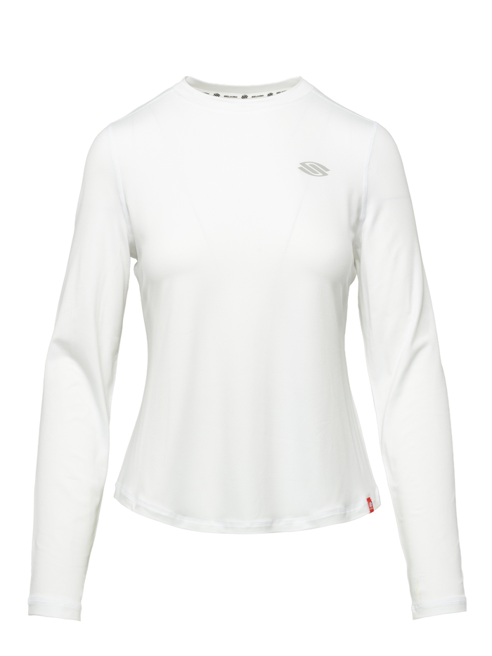 Front view of Essentials 2.0 Womens Sport-Wik Long Sleeve Tee showcasing white fabric and chest logo with transparent background