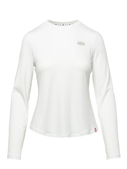 Front view of Essentials 2.0 Womens Sport-Wik Long Sleeve Tee showcasing white fabric and chest logo with transparent background