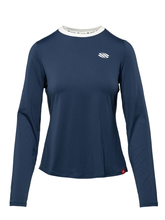 Front view of navy women’s long-sleeve Pickleball tee showcasing a white collar and Selkirk chest logo on a transparent background