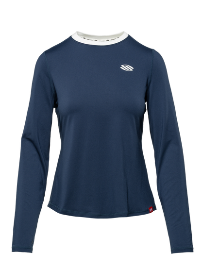 Front view of navy women’s long-sleeve Pickleball tee showcasing a white collar and Selkirk chest logo on a transparent background