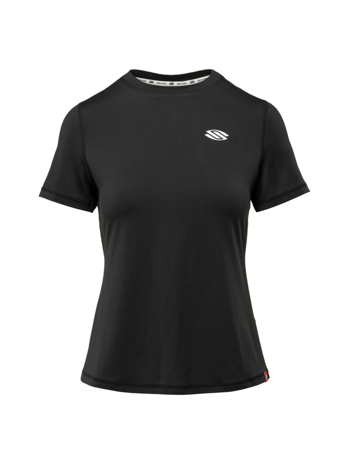 Front view of Essentials 2.0 Women’s Sport-Wik Short Sleeve Tee showcasing black fabric and white Selkirk logo