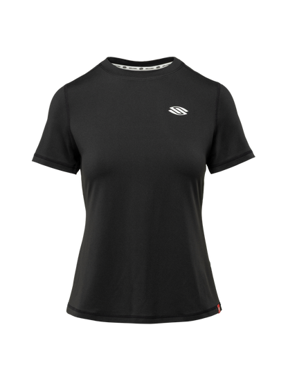 Front view of Essentials 2.0 Women’s Sport-Wik Short Sleeve Tee showcasing black fabric and white Selkirk logo