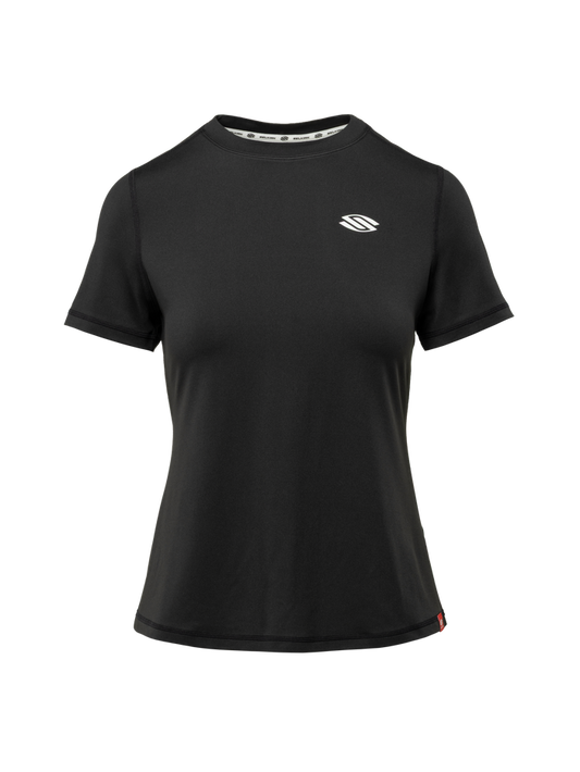 Front view of Essentials 2.0 Women’s Sport-Wik Short Sleeve Tee showcasing black fabric and white Selkirk logo