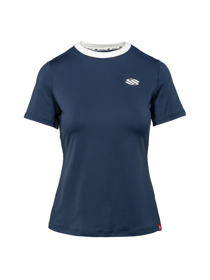Front view of Essentials 2.0 Women’s Sport-Wik Short Sleeve Tee in navy with a Selkirk logo on a plain background