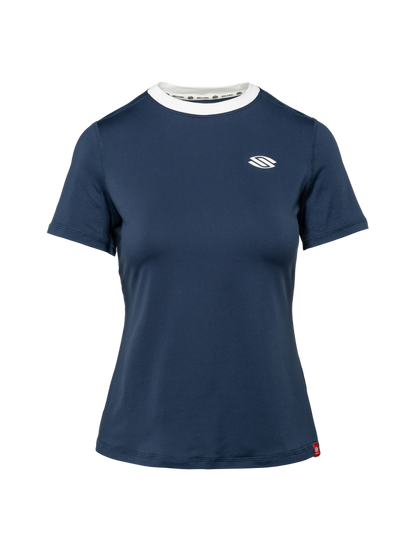 Front view of Essentials 2.0 Women’s Sport-Wik Short Sleeve Tee in navy with a Selkirk logo on a plain background