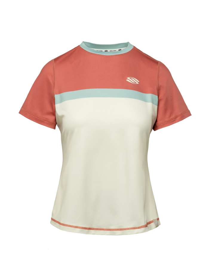 Front view of Essentials 2.0 Womens Sport-Wik Short Sleeve Tee showcasing rust and cream color blocking