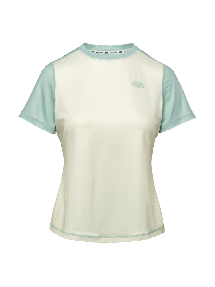 Front view of Women’s Essentials 2.0 Sport-Wik tee showcasing cream body and pale blue sleeves on transparent background