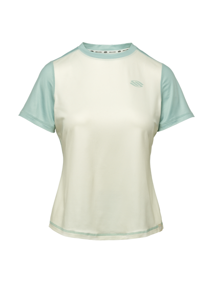 Front view of Women’s Essentials 2.0 Sport-Wik tee showcasing cream body and pale blue sleeves on transparent background