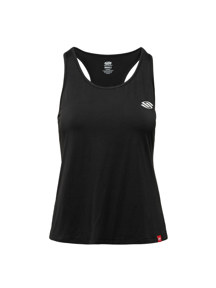 Front view of Essentials 2.0 Women’s Sport-Wik Tank Top showcasing black fabric, sleeveless cut, and Selkirk logo