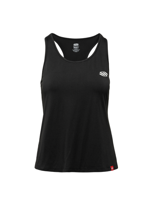 Front view of Essentials 2.0 Women’s Sport-Wik Tank Top showcasing black fabric, sleeveless cut, and Selkirk logo