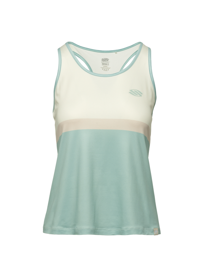 Front view of Essentials 2.0 Womens Sport-Wik Tank Top showcasing cream and light blue color blocking on a plain background