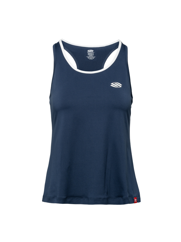 Front view of Essentials 2.0 Women’s Sport-Wik Tank Top showcasing navy fabric, white trim, and Selkirk logo on a transparent background