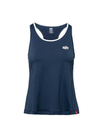 Front view of Essentials 2.0 Women’s Sport-Wik Tank Top showcasing navy fabric, white trim, and Selkirk logo on a transparent background