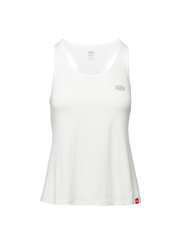 Front view of white Essentials 2.0 Women’s Sport-Wik Tank Top showcasing sleeveless racerback design on a plain background