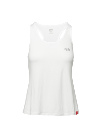 Front view of white Essentials 2.0 Women’s Sport-Wik Tank Top showcasing sleeveless racerback design on a plain background