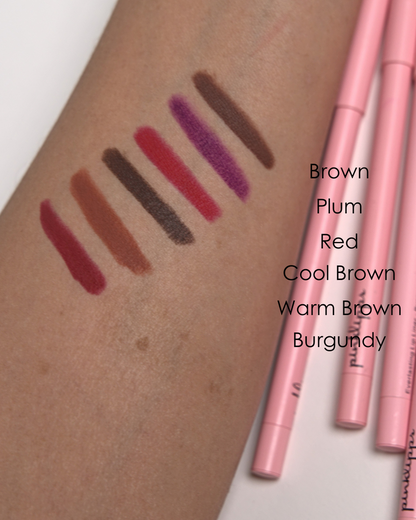 Red Everlasting Lip Liners Pink Lipps Everlasting Lip Liner swatches, rich shades including Burgundy, Brown, Plum, Red, Warm Brown on light skin tone